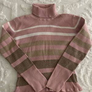 Liz Claiborne Pink and Brown Striped Turtleneck Sweater